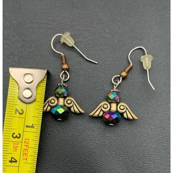 Gold / Brass Tone Oil Slick Iridescent Color Angel Wing Dangle Earrings - Picture 3 of 3